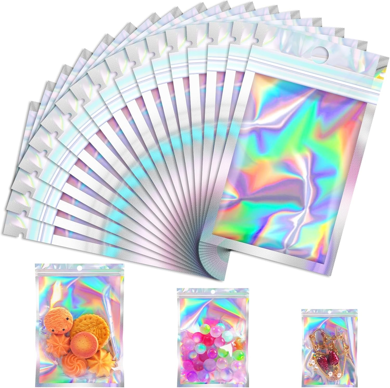 100 Pcs Resealable Mylar Bags, Smell Proof Goodie Bags with Clear Window, Small Holographic Bags for Halloween, Gift, Candy, Bracelet, Keychain, Treat, Product, Sealable Plastic Bags