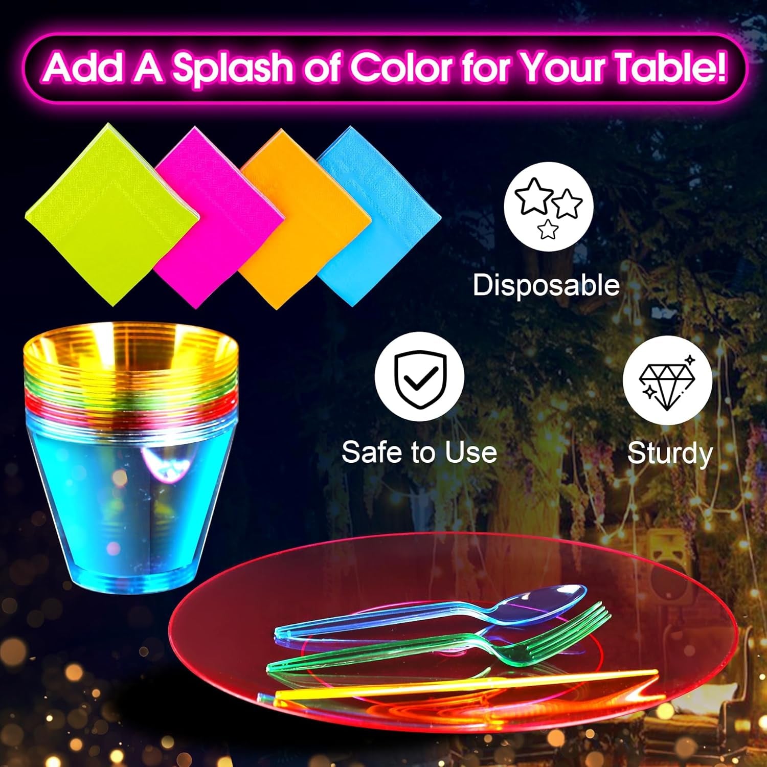 112 PCS Neon Party Supplies Serves 16 Including 7.5 & 10.25 in Disposable Plastic Neon Plates 9 Oz Cups Cutlery Napkins Tableware Set Dessert Cake Plates for Blacklight Party Birthday