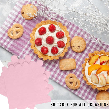 100 Pcs 2-Ply Pink Scalloped Sage Cocktail Napkins Thick Paper Napkins Disposable Party Napkins Beverage Napkins for Birthday, Wedding,Anniversary Party, Baby Shower 5 X 5 Inches (Light Pink)