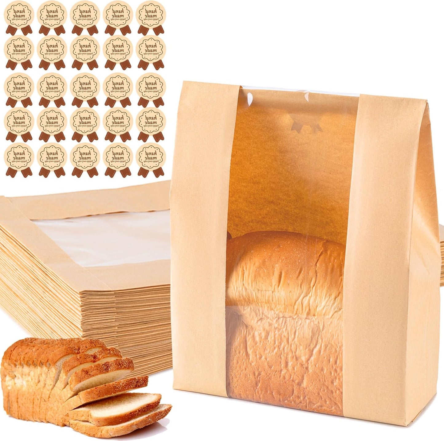 Paper Bread Bags 25PCS, Sourdough Bread Bags for Homemade Bread, Large Bakery Bags with Window Includes 25PCS Label Seal Stickers for Homemade Bread Storage(13.7X8.3X3.5 Inch)