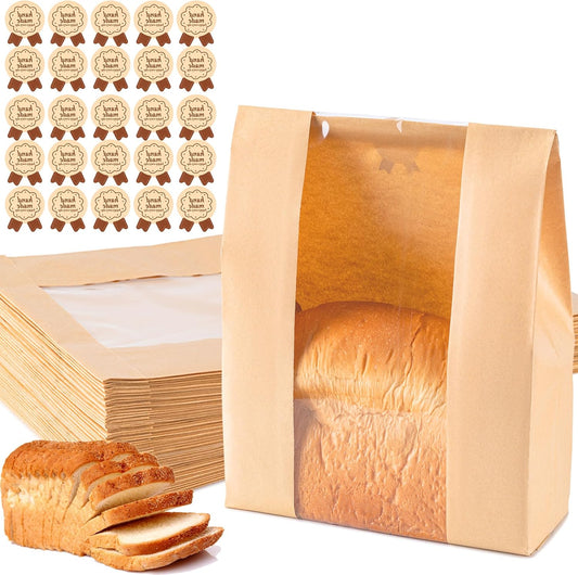 Paper Bread Bags 25PCS, Sourdough Bread Bags for Homemade Bread, Large Bakery Bags with Window Includes 25PCS Label Seal Stickers for Homemade Bread Storage(13.7X8.3X3.5 Inch)