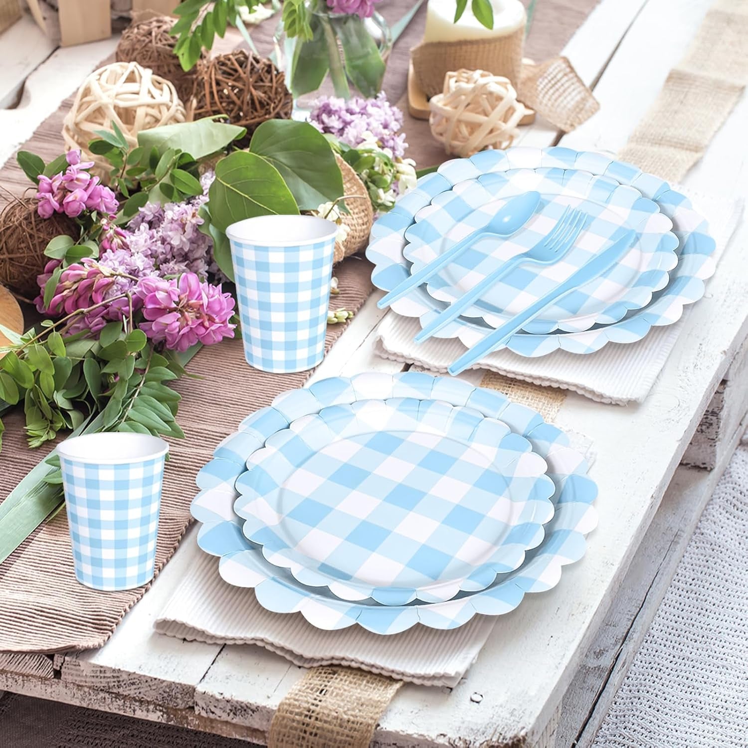 Blue Gingham Scalloped Plates and Napkins Party Supplies, Blue and White Checkered Plates Sets Serve 25 Guests, 175 Pcs Gingham Paper Plate for Birthday Dinner Wedding Baby Shower Party Decorations