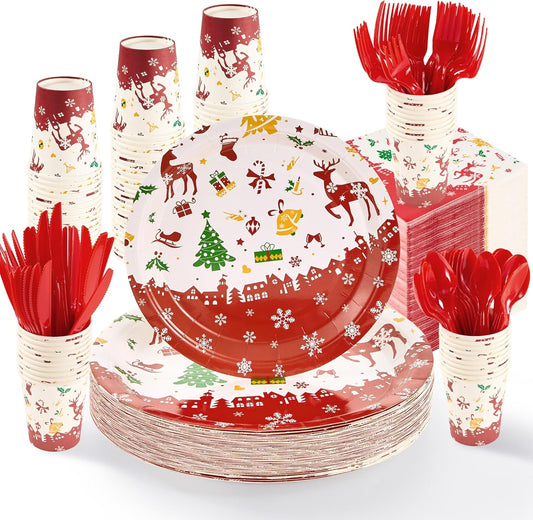 Christmas Paper Plates Set, 350 PCS Elk, Candy Cane and Gifts Party Supplies, Disposable Dinnerware Set for 50 Guests, Paper Plates Napkins Cups for Christmas Eve