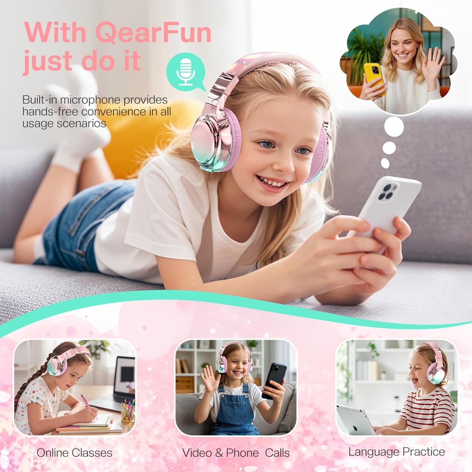 Kids Bluetooth 5.3 Headphones, Wireless Metallic Gradient Headset, Lightweight Foldable on Ear Headphones with Aux Cord, Fast Charging, Built-In Mic, for School/Travel/Tablet/Ipad