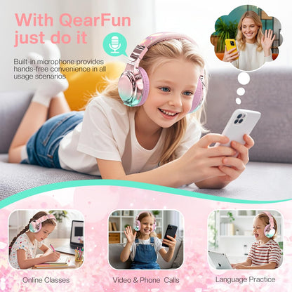 Kids Bluetooth 5.3 Headphones, Wireless Metallic Gradient Headset, Lightweight Foldable on Ear Headphones with Aux Cord, Fast Charging, Built-In Mic, for School/Travel/Tablet/Ipad