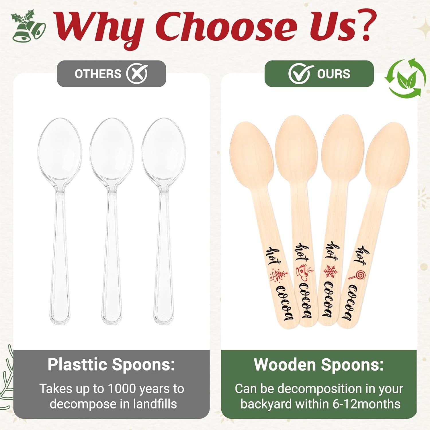 100 Pcs Hot Cocoa Bar Spoons, Wooden Chocolate Spoons for Hot Cocoa Coffee Cake Ice Cream