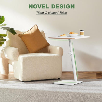 Height Adjustable End Table - Small Couch Side Table for Small Spaces Modern C Shaped Bedside End Table That Slide Under, White Wood Laptop TV Tray Table with Metal Base, Living Room Bathroom Home Use