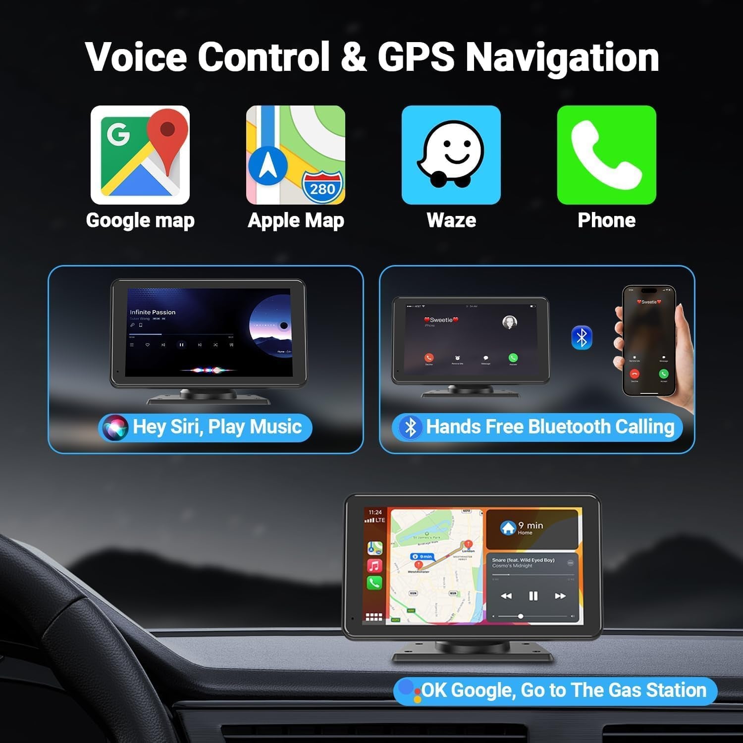 For Apple Carplay Wireless Portable 7" Touchscreen Car Stereo Voice Control with Apple Car Play & Android Auto Car Audio Backup Camera Bluetooth GPS Navigation/Mirror Link Fits All Cars