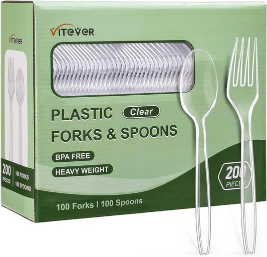 [200 Count] Disposable Plastic Silverware, Heavy Duty Forks and Spoons Set, Durable Plastic Utensils Cutlery Set for for Parties, Picnics, Big Event, Daily Use - Bpa Free