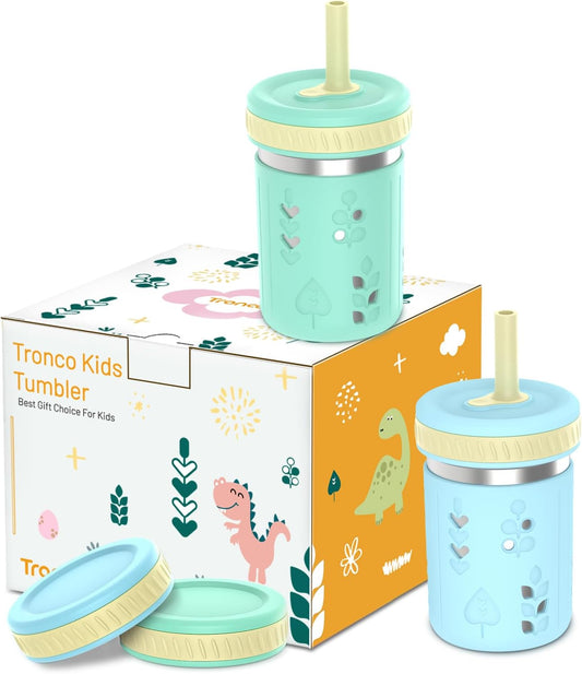 [2 Pack] 10 Oz 2-In-1 Stainless Steel Kids Tumbler Cups with Silicone Sleeves, Spill-Resistant Flexible Straws & Storage Lids, Bpa-Free Smoothie and Snack Cups, Dishwasher Safe