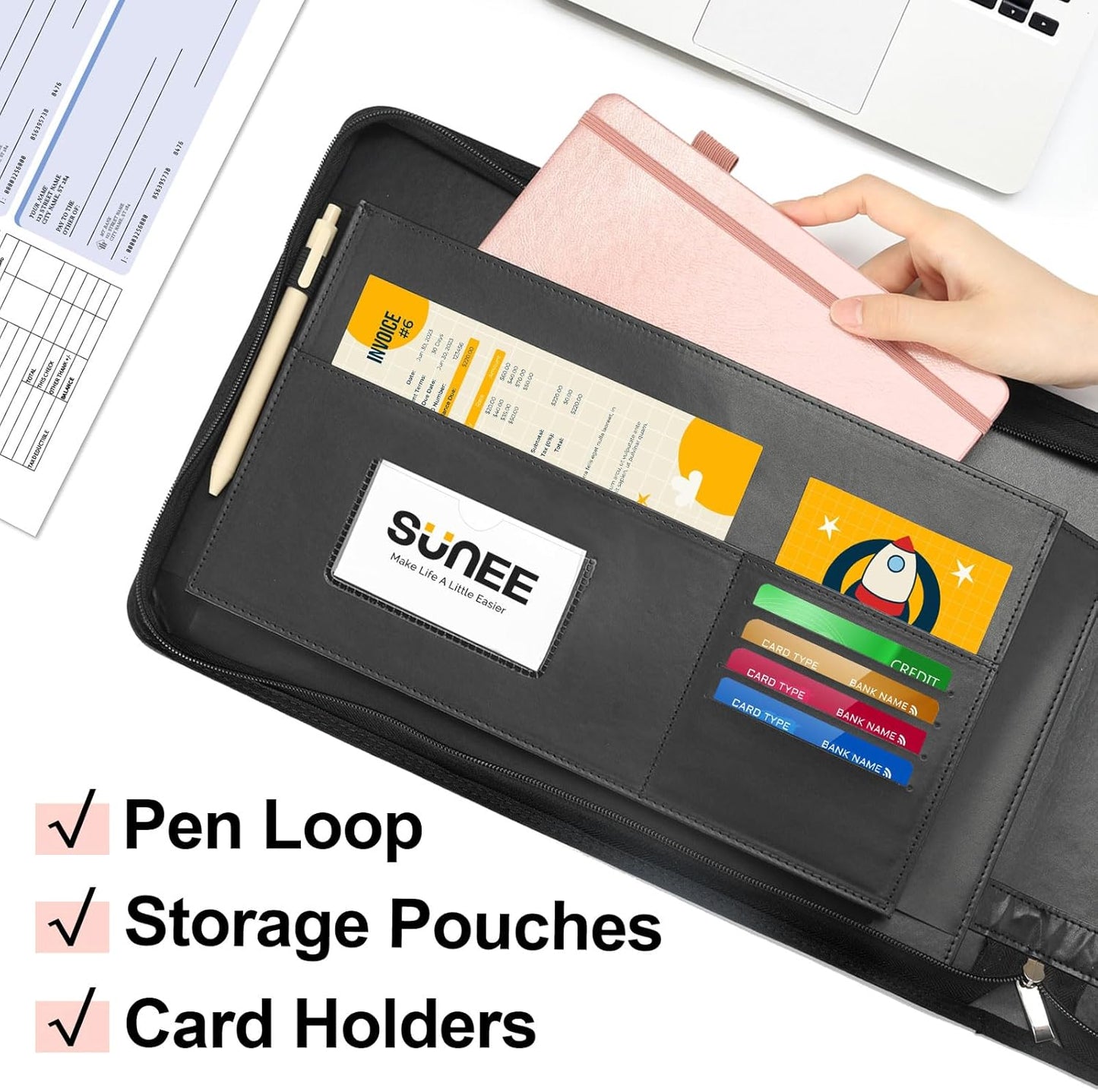 Zippered Business Checkbook Binder 7 Ring 1 Inch with Zipper for Business Checks (9" X 13"), PU Leather 7 Ring Check Binder for Business Checks Holds 600 Checks Capacity for Executive Supplies