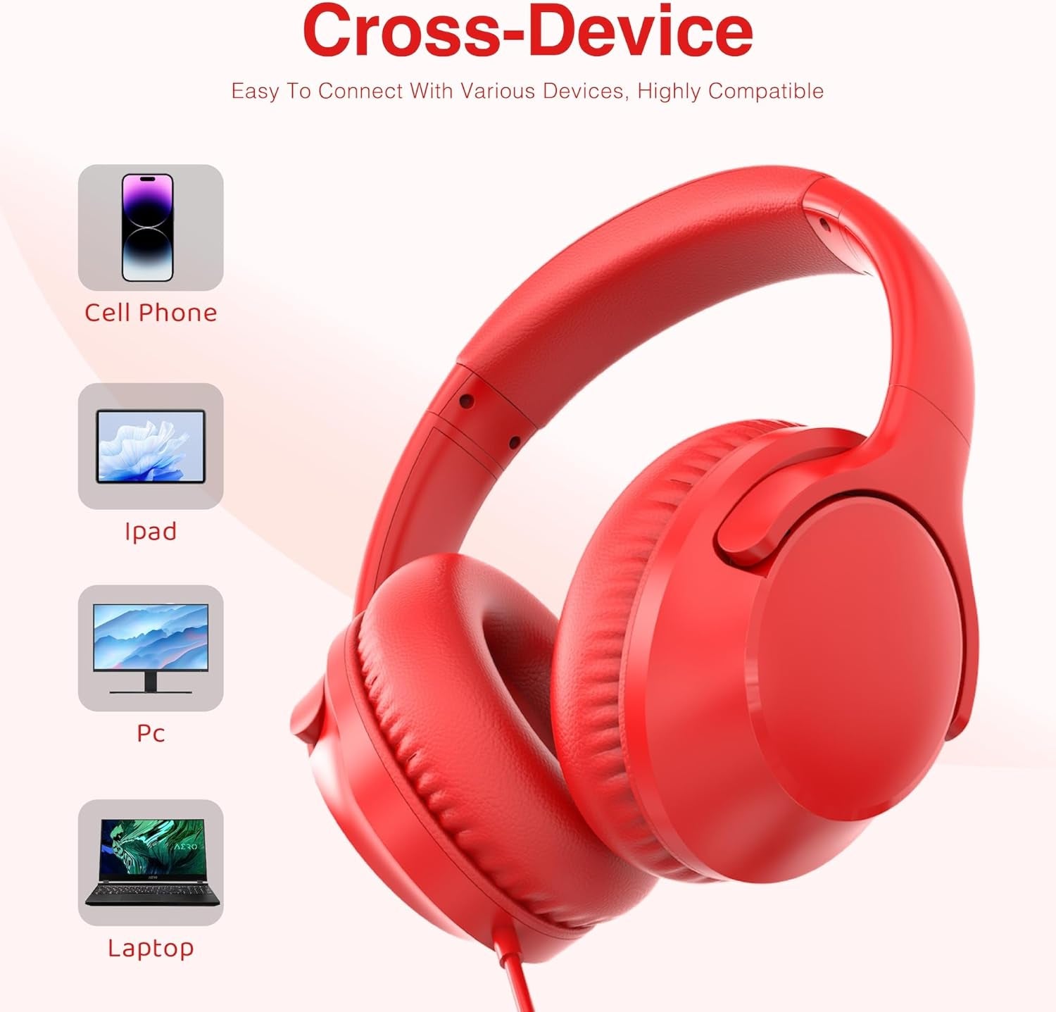 Wired Headphones Over-Ear Hi-Fi Sound with Microphone Adjustable Foldable, 1.5M Cord & 3.5Mm Jack, Lightweight Headset for Kids Adults PC Ipad Laptop Red