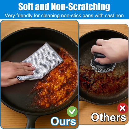 Cast Iron Scrubber Cleaner Kit, Metal Scrubber for Dishes, Skillet, Pots, Pan, Griddles, Reusable 3-Layer Non-Scratch Wire Dishcloth for Kitchen, Stove Top, Dishes and Sink