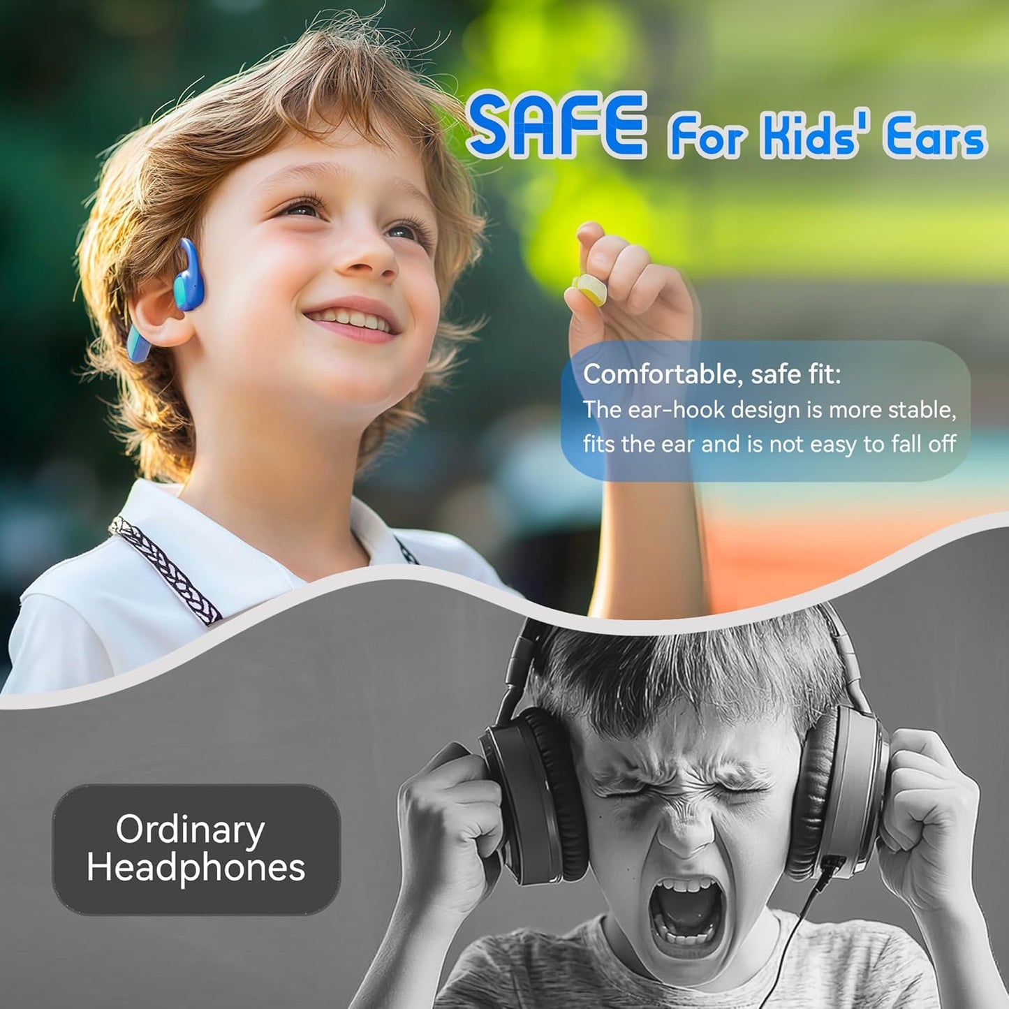 Kids Headphones, Bluetooth 5.3 Air Conduction Open Ear Headphones, 85Db Volume Limited, with Mic, IPX5 Waterproof, 360° Bending, 20H Playtime, Kids Headphones Wireless for Ipad/Sports (Blue)