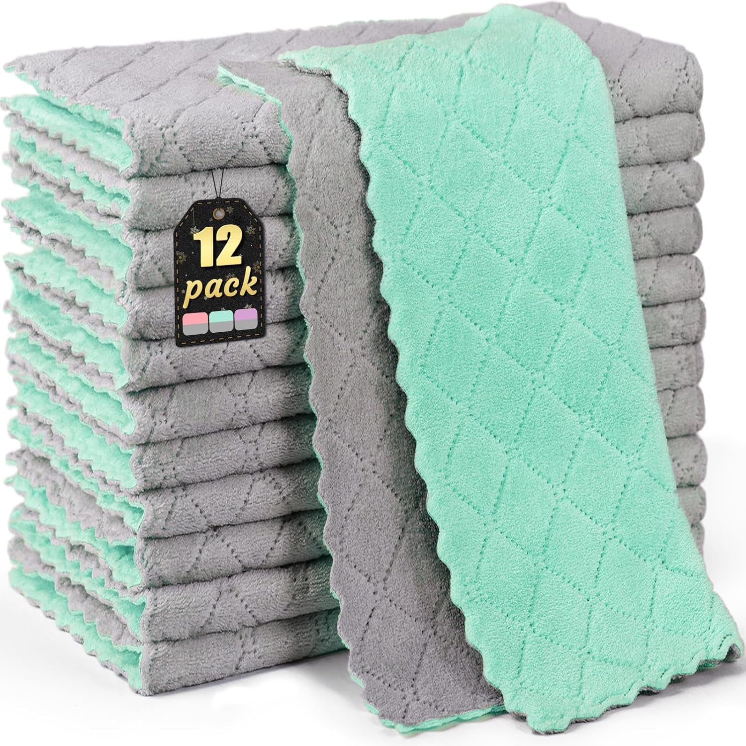 12 Pack Kitchen Cloth Dish Towels, 12X12 Inch Soft Premium Dishcloths, Absorbent Microfiber Cleaning Cloth for Cleaning Dishes, Kitchen, Bathroom, Car