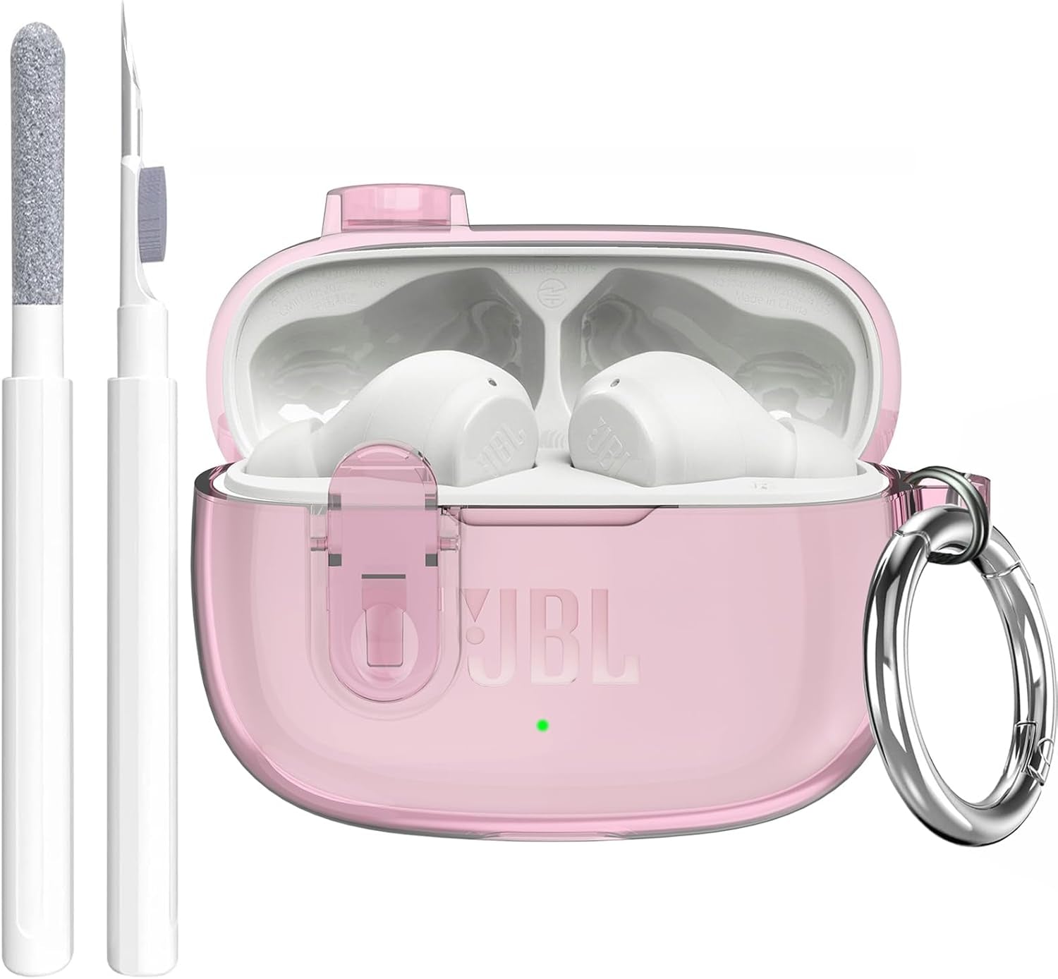 Compatible with JBL Vibe 200TWS/JBL Vibe Beam/Beam 2 Case Cover Clear Lock Clip with Cleaner Kit, Transparent TPU Protective Cover Men Women with Carabiner for JBL Vibe Beam 2 Charging Case - Pink