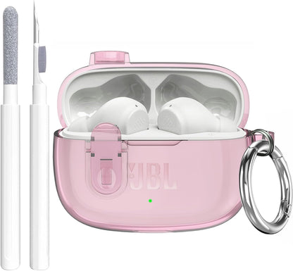 Compatible with JBL Vibe 200TWS/JBL Vibe Beam/Beam 2 Case Cover Clear Lock Clip with Cleaner Kit, Transparent TPU Protective Cover Men Women with Carabiner for JBL Vibe Beam 2 Charging Case - Pink