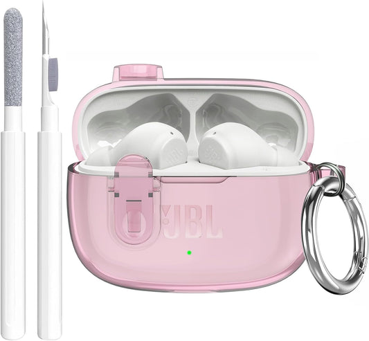 Compatible with JBL Vibe 200TWS/JBL Vibe Beam/Beam 2 Case Cover Clear Lock Clip with Cleaner Kit, Transparent TPU Protective Cover Men Women with Carabiner for JBL Vibe Beam 2 Charging Case - Pink