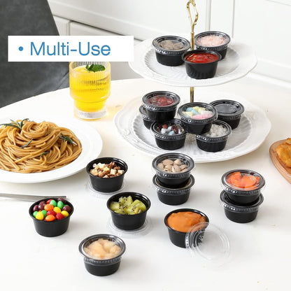 [130 Sets - 2 Oz ] Black Plastic Portion Cups, Jello Shot Cups, Small Plastic Containers with Lids, Airtight Salad Dressing Container, Dipping Sauce Cups, Condiment Cups for Lunch, Party to Go, Trips