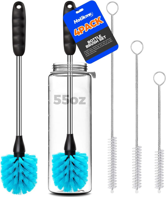 Bottle Brush Cleaner Set, 14" Long Handle Stainless Steel Bottle Cleaner Brush, 3 Straw Cleaner Brush, Bottle Cleaning Brush for Water Bottle, Cups, Abrasive Flat End Brushes, Straws Blue