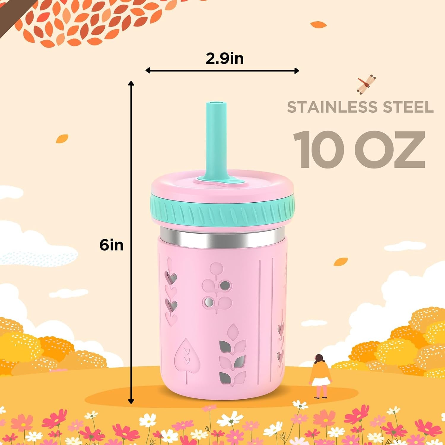 [2 Pack] 10 Oz 2-In-1 Stainless Steel Kids Tumbler Cups with Silicone Sleeves, Spill-Resistant Flexible Straws & Storage Lids, Bpa-Free Smoothie and Snack Cups, Dishwasher Safe