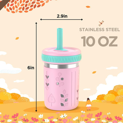 [2 Pack] 10 Oz 2-In-1 Stainless Steel Kids Tumbler Cups with Silicone Sleeves, Spill-Resistant Flexible Straws & Storage Lids, Bpa-Free Smoothie and Snack Cups, Dishwasher Safe