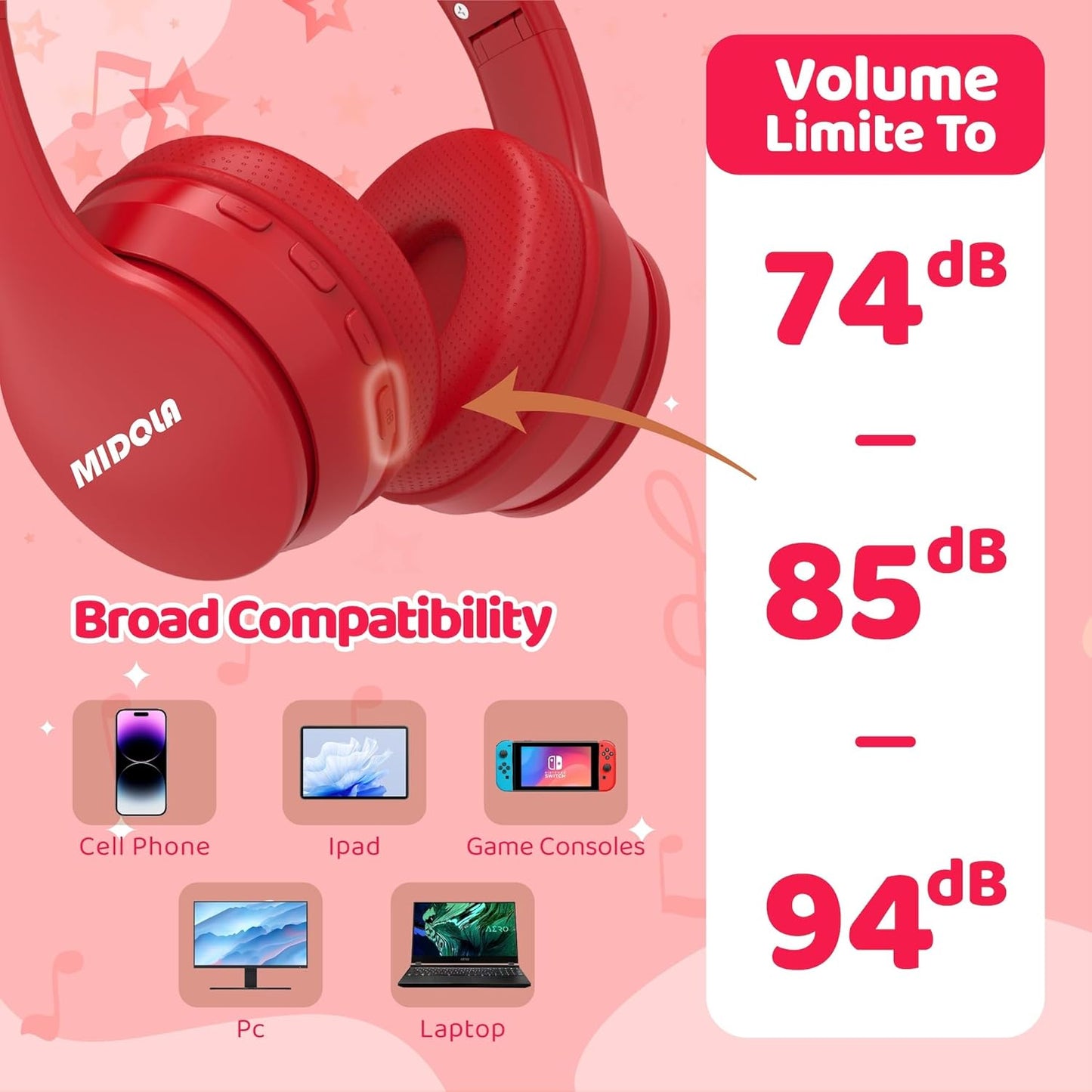Kids Headphones Bluetooth 5.3 Wireless 60H Play Time Volume Limit 85/110Db over Ear Foldable Protection Headset/Wired AUX Cord Mic for Children Boy Girl Travel School Phone Pad Tablet Red
