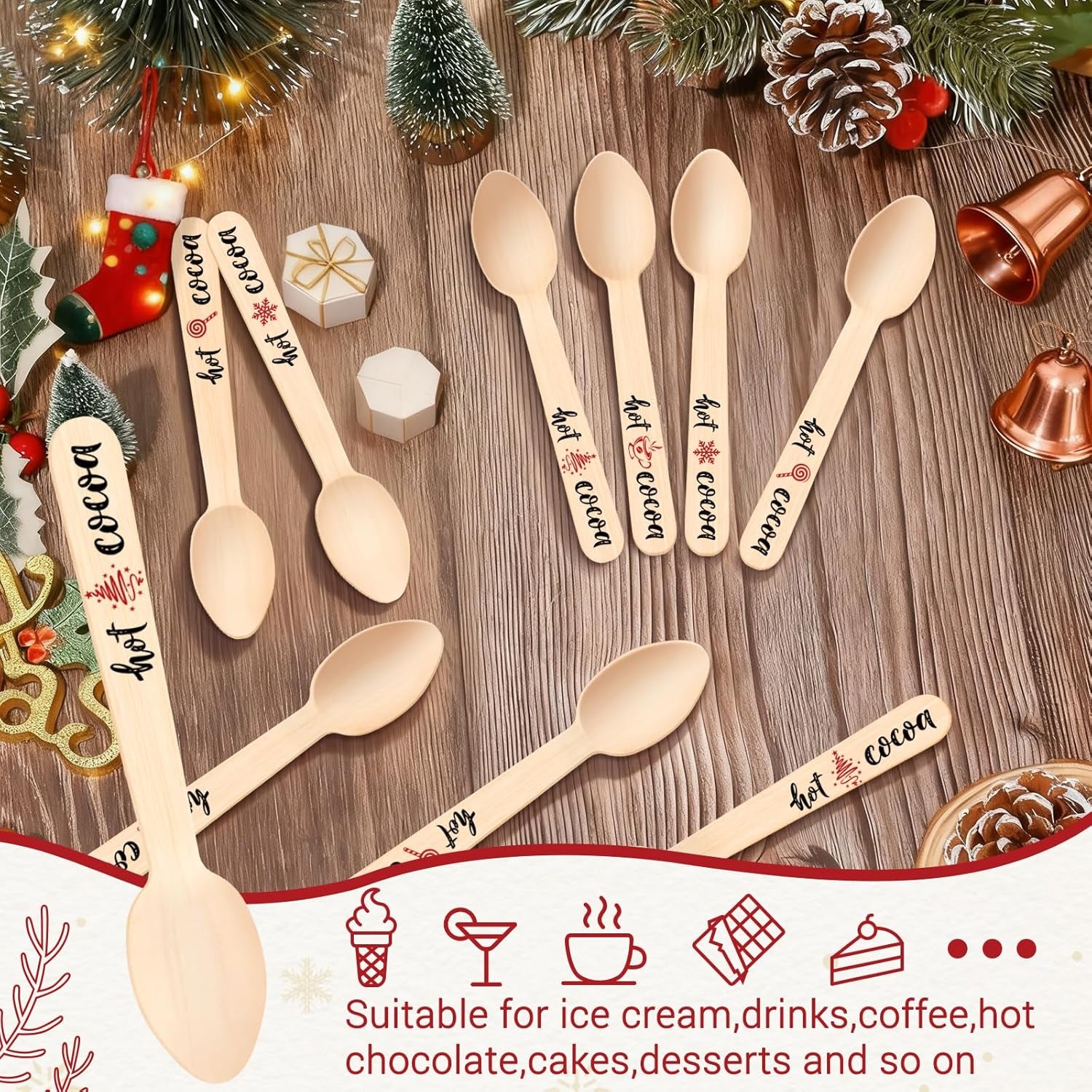 100 Pcs Hot Cocoa Bar Spoons, Wooden Chocolate Spoons for Hot Cocoa Coffee Cake Ice Cream