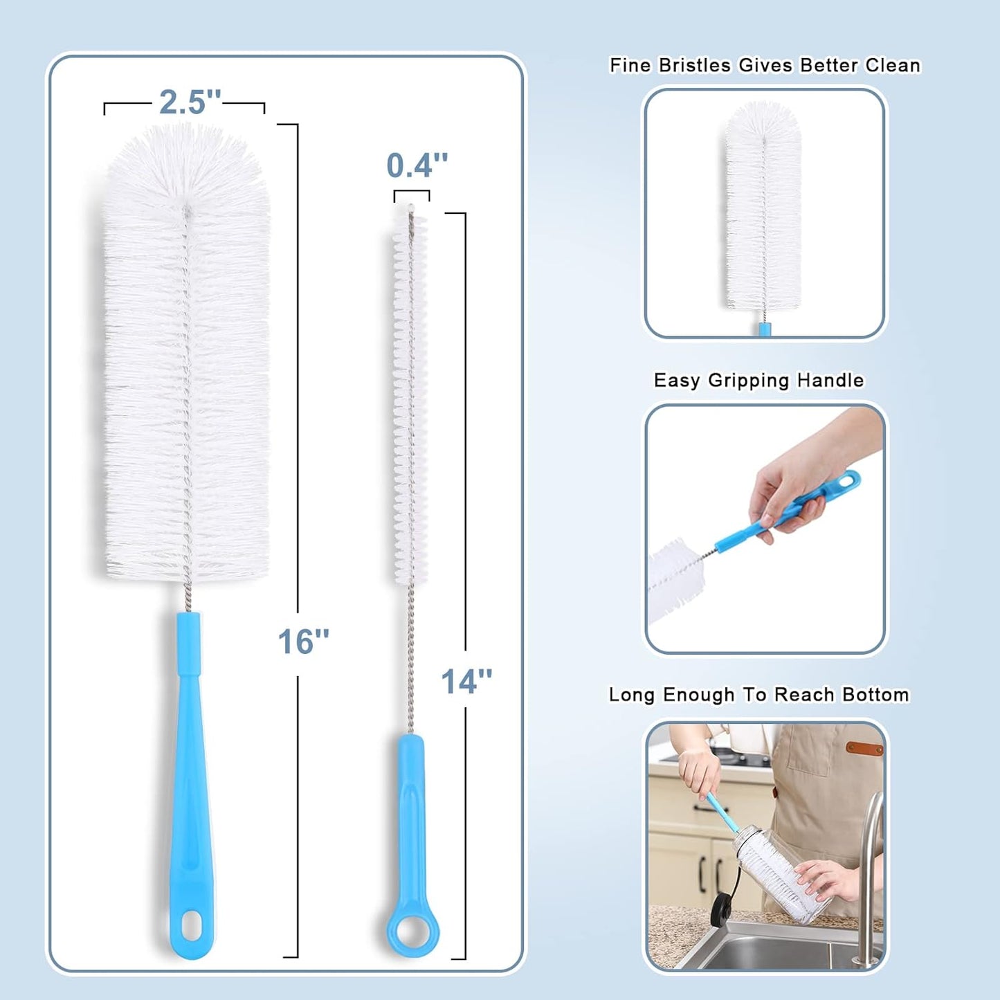16" Bottle Brush Cleaner for Water Bottle - Long Handle Bottle Brush for Cleaning Narrow Neck Sport Bottles,Beer Bottle and Jugs, Set of 2