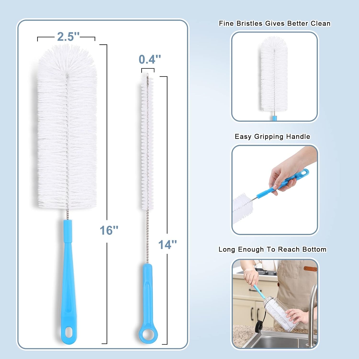 16" Bottle Brush Cleaner for Water Bottle - Long Handle Bottle Brush for Cleaning Narrow Neck Sport Bottles,Beer Bottle and Jugs, Set of 2