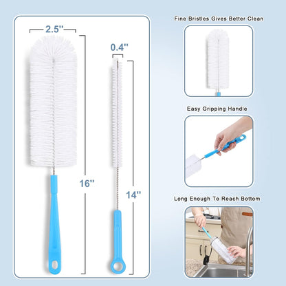 16" Bottle Brush Cleaner for Water Bottle - Long Handle Bottle Brush for Cleaning Narrow Neck Sport Bottles,Beer Bottle and Jugs, Set of 2