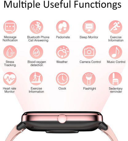 Smartwatch for Women - Call, Fitness Tracker, Heart Rate & Sleep Monitor, 1.69" Touch Screen, Waterproof - for Android & Iphone, Pink