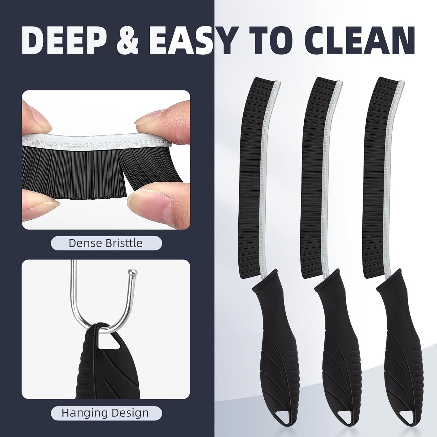 Hard Bristle Crevice Cleaning Brush - Home Cleaning Tools, Multi-Purpose Crevice Supplies for Kitchen, Bathroom, Toilet, Window, Vehicle, Faucets, Grout, Home (3, Black)