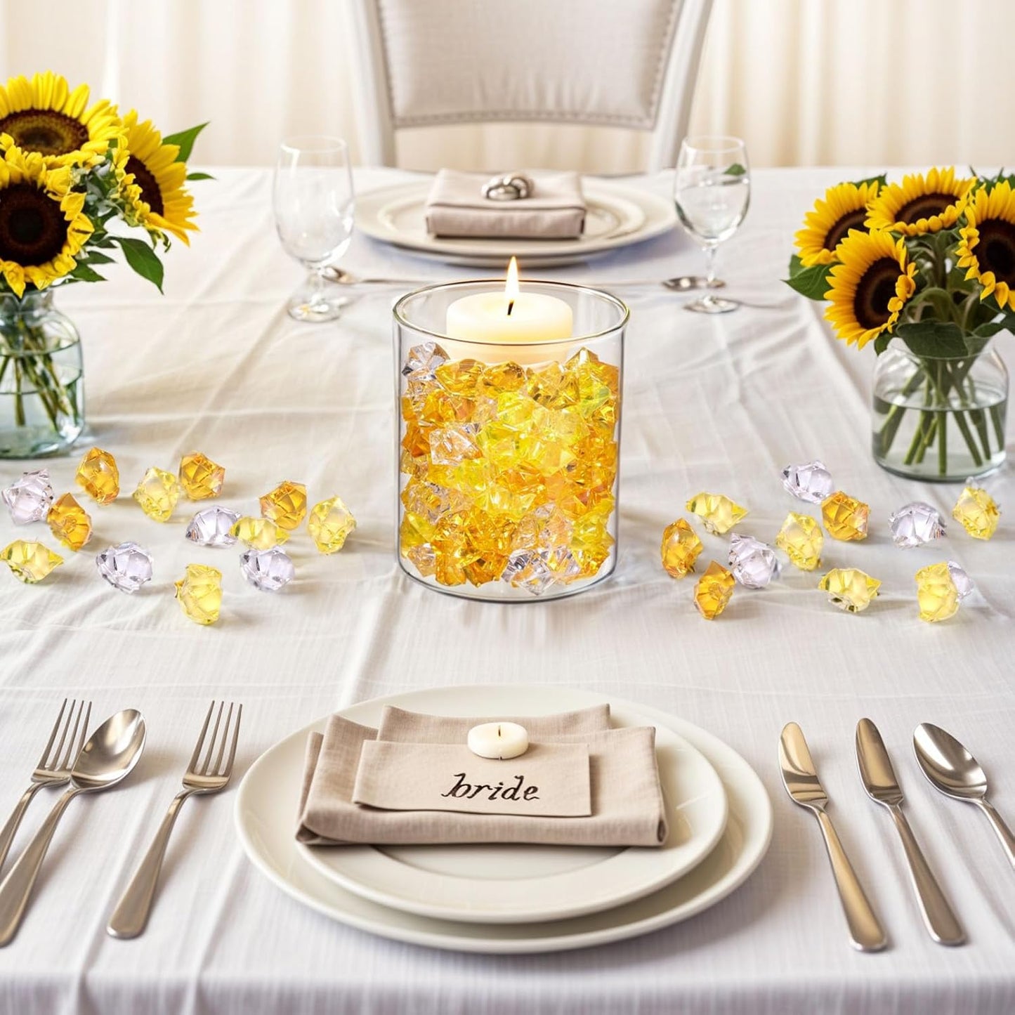 Yellow and Orange Fake Ice, 150PCS Acrylic Fake Diamonds, Crushed Ices Plastic Gems Vases Fillers for Aquarium Tank Rocks Table Scatter Wedding Party Home Decor