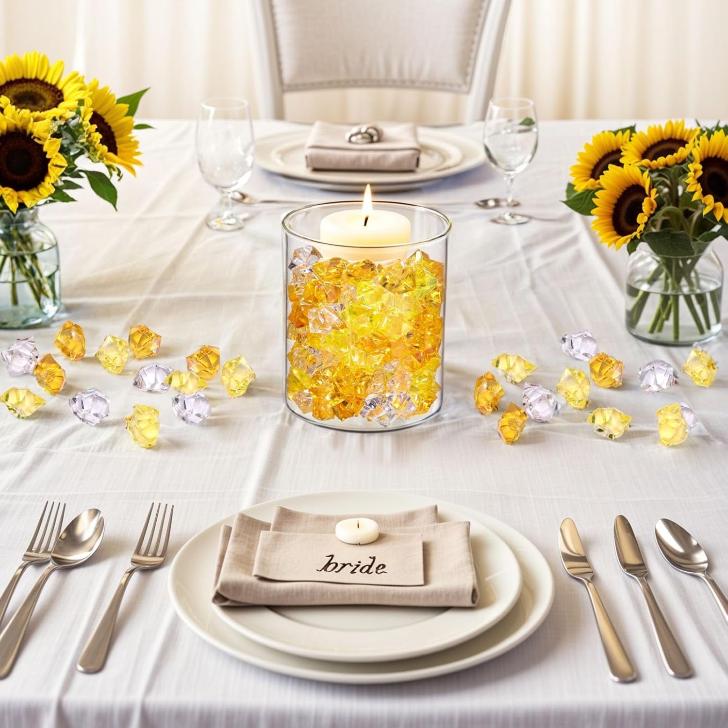 Yellow and Orange Fake Ice, 150PCS Acrylic Fake Diamonds, Crushed Ices Plastic Gems Vases Fillers for Aquarium Tank Rocks Table Scatter Wedding Party Home Decor