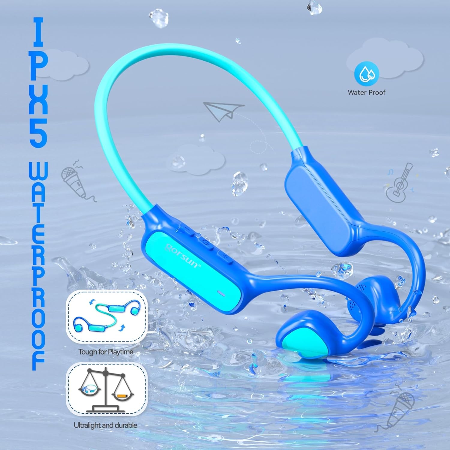 Kids Headphones, Bluetooth 5.3 Air Conduction Open Ear Headphones, 85Db Volume Limited, with Mic, IPX5 Waterproof, 360° Bending, 20H Playtime, Kids Headphones Wireless for Ipad/Sports (Blue)