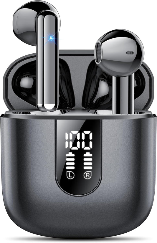 Wireless Earbuds 2024 Bluetooth 5.3 Headphones with HD Mic Hifi Stereo Sound, Wireless Earphones with Dual LED Display Touch Control, IPX7 Waterproof 30H Playtime Mini Ear Buds for Ios Android, Black