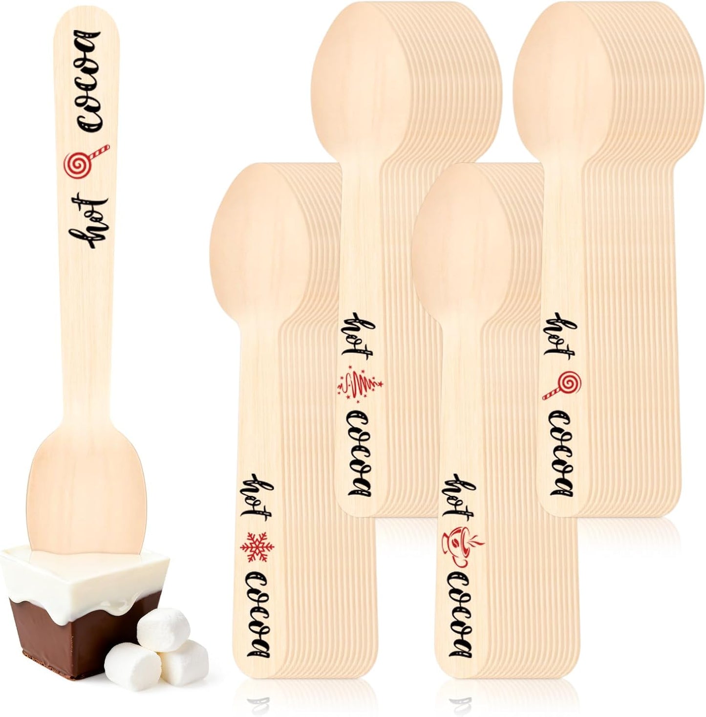 100 Pcs Hot Cocoa Bar Spoons, Wooden Chocolate Spoons for Hot Cocoa Coffee Cake Ice Cream