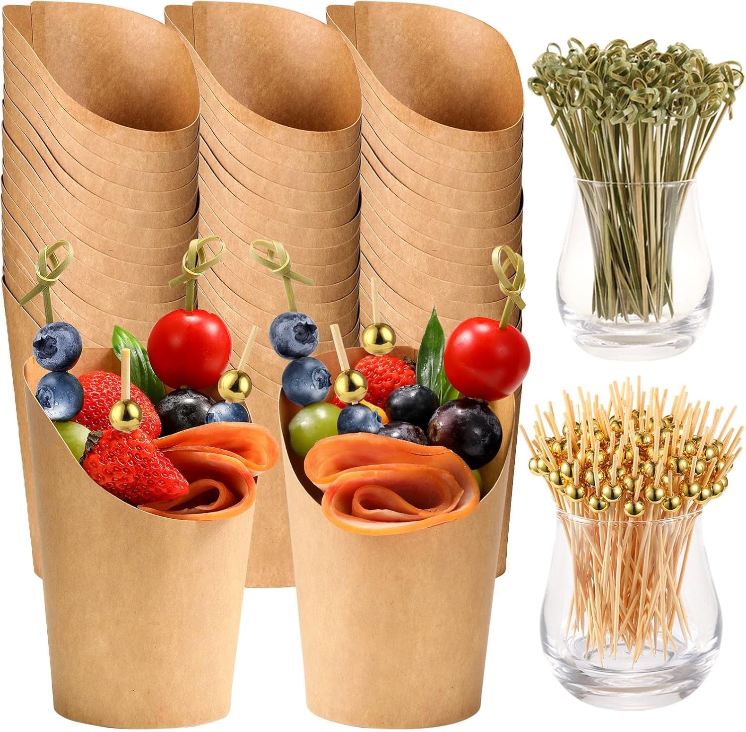 50 Pcs Charcuterie Cups with Skewers, 12 Oz Paper Snack Appetizer Cups with Cocktail Picks, French Fry Holder Brown Kraft , Disposable Popcorn Boxes Cones, Party Board Favor(50 Conecups + 200 Sticks)