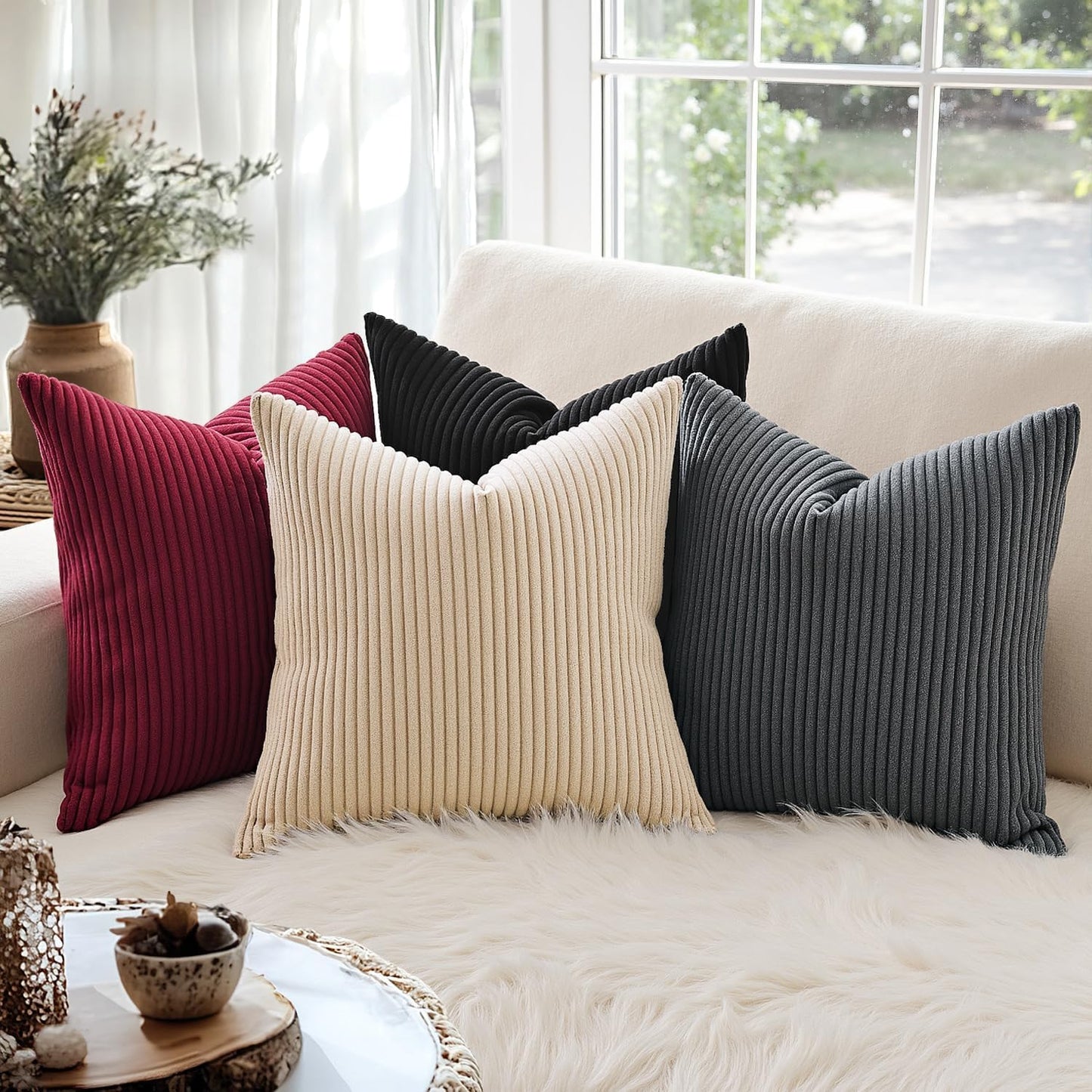 Winter Pack of 2 Corduroy Soft Soild Decorative Square Christmas Throw Pillow Covers Cushion Cases Pillow Cases for Couch Sofa Bedroom Car 18 X 18 Inch 45 X 45 Cm Burgundy