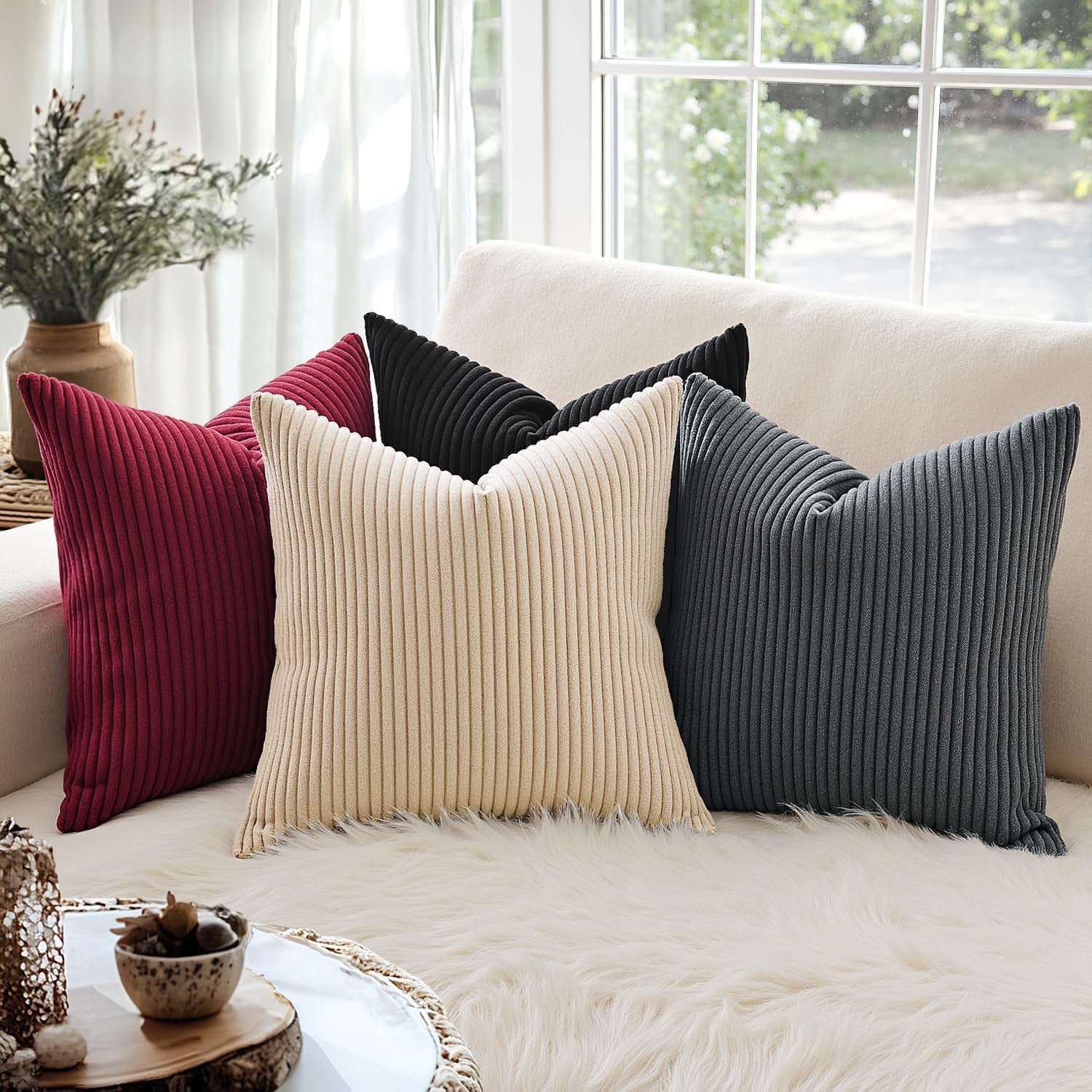 Winter Pack of 2 Corduroy Soft Soild Decorative Square Christmas Throw Pillow Covers Cushion Cases Pillow Cases for Couch Sofa Bedroom Car 18 X 18 Inch 45 X 45 Cm Burgundy