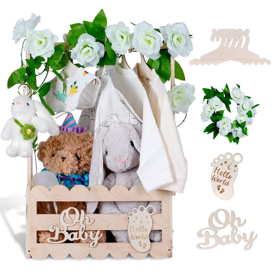 Wooden Baby Shower Crate Closet with Handle,Storage Basket,Baby Clothes Hangers, Newborn Boy Girl Welcome Gift Basket