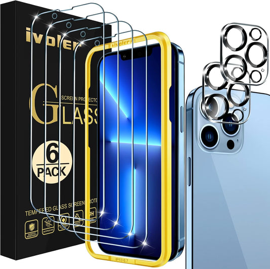 [4+2Pack]Screen Protector Compatible with Iphone 13 Pro Max 6.7‘’[4 Pack]With [2 Pack] Camera Lens Protector, HD Tempered Glass Film with Align Frame, 9H Hardness, Bubble Free,Scratch Resistant
