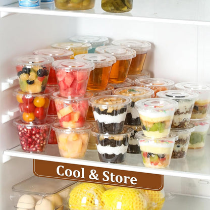 [50 Sets, 9 Oz Clear Plastic Cups with Flat Lids No Hole, Disposable Cups with Lids for Ice Cream, Pudding, Cake, Snacks Smoothie, Milkshake, Cold Drinks
