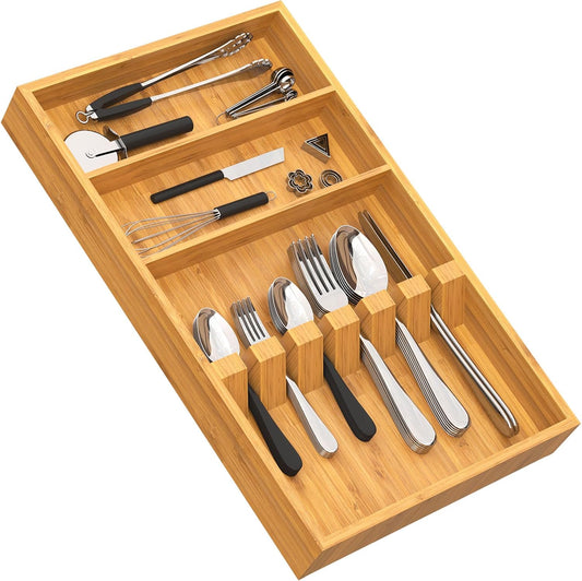 Pure Bamboo Silverware Drawer Organizer: 16.53" Lx10 Wx1.93 H Large Silverware Utensil Tray Holder, 3-Compartment with 6 Card Slots Kitchen Flatware Organizer for Spoons Forks Knives