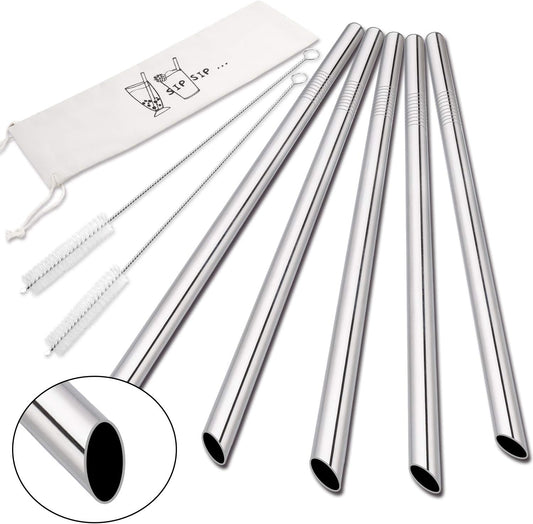 [Angled Tips] 5 Pcs 10" Reusable Bubble Tea Straws & Smoothie Straws, 0.5" Wide Stainless Steel Straw, Metal Straw for Boba, Tapioca Pearl, Milkshakes, Jumbo Drinks | 2 Cleaning Brushes
