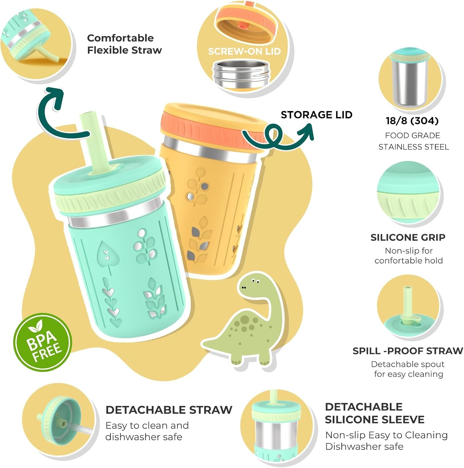 [2 Pack] 10 Oz 2-In-1 Stainless Steel Kids Tumbler Cups with Silicone Sleeves, Spill-Resistant Flexible Straws & Storage Lids, Bpa-Free Smoothie and Snack Cups, Dishwasher Safe