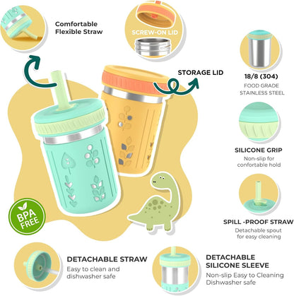 [2 Pack] 10 Oz 2-In-1 Stainless Steel Kids Tumbler Cups with Silicone Sleeves, Spill-Resistant Flexible Straws & Storage Lids, Bpa-Free Smoothie and Snack Cups, Dishwasher Safe
