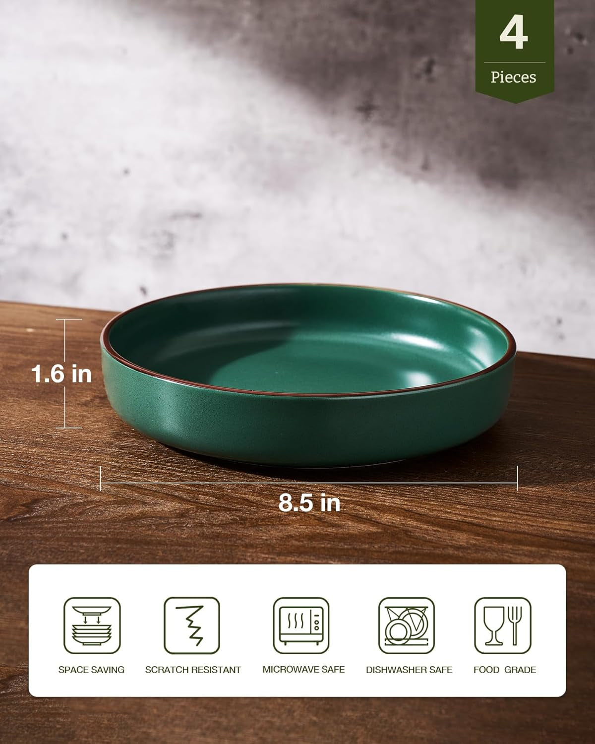 Mercury Pasta Bowls Set of 4, 33 Oz Large Salad Bowls, Stoneware Pasta Plates Bowls, Serving Bowls for Kitchen, Microwave & Dishwasher Safe, Dark Green
