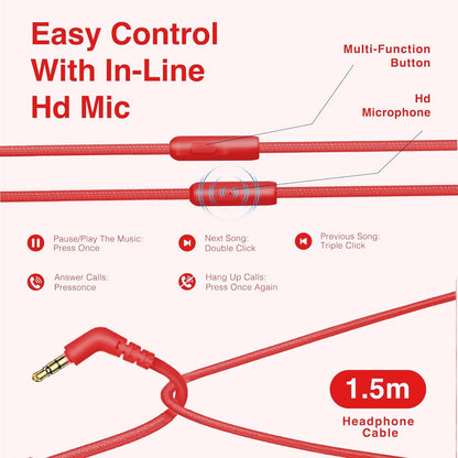 Wired Headphones Over-Ear Hi-Fi Sound with Microphone Adjustable Foldable, 1.5M Cord & 3.5Mm Jack, Lightweight Headset for Kids Adults PC Ipad Laptop Red